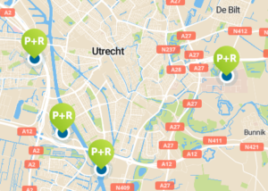 Kaart met park en ride locaties utrecht